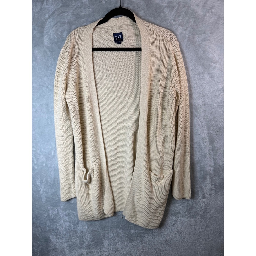 GAP Cardigan Women S Cream Ribbed Knit Open Pockets Old Money Preppy minimalist
